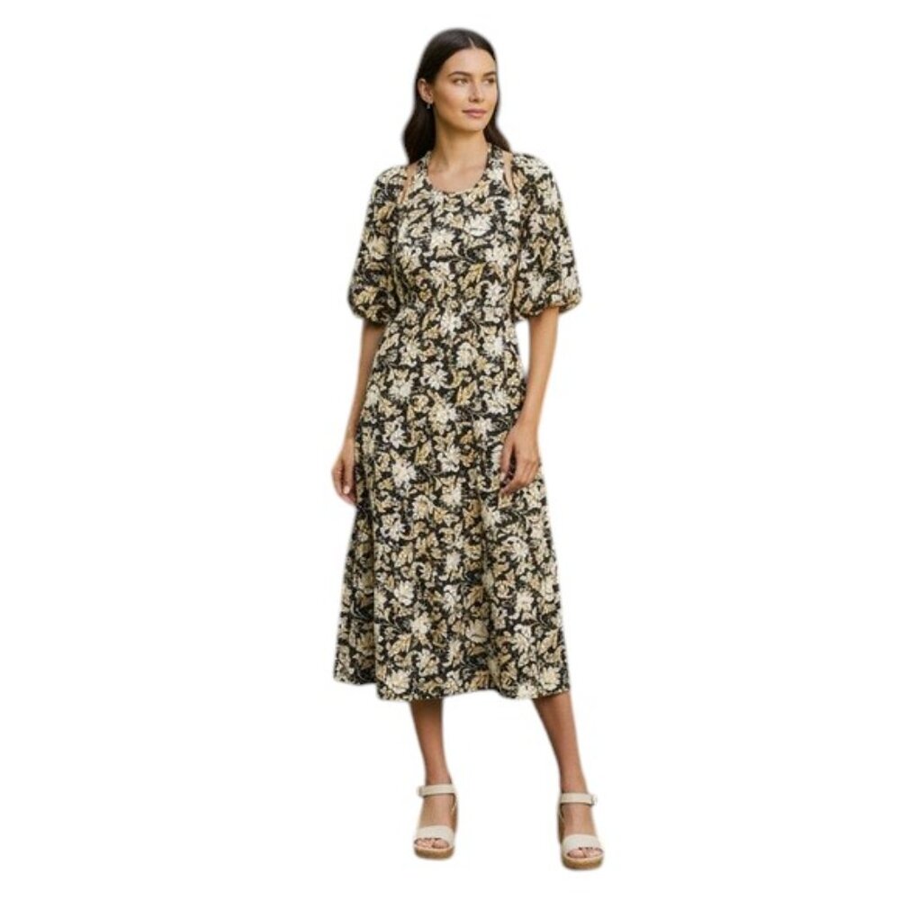 NWT Moon River Black Floral Print Puff Sleeve with Halter Midi Dress - Picture 2 of 11